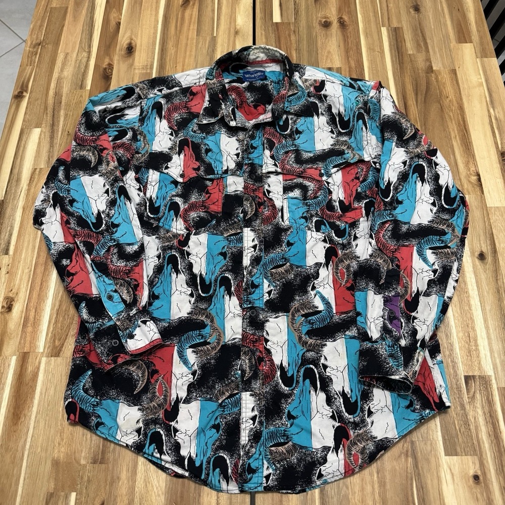 Vintage Wrangler Shirt Mens L Western Long Sleeve Button Up Bull Skulls AOP 90s‎